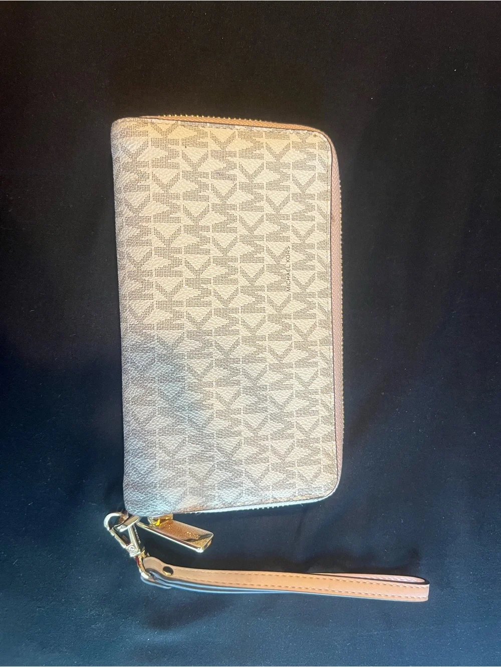 Michael Kors Beige Logo Zip Wristlet with Gold Hardware